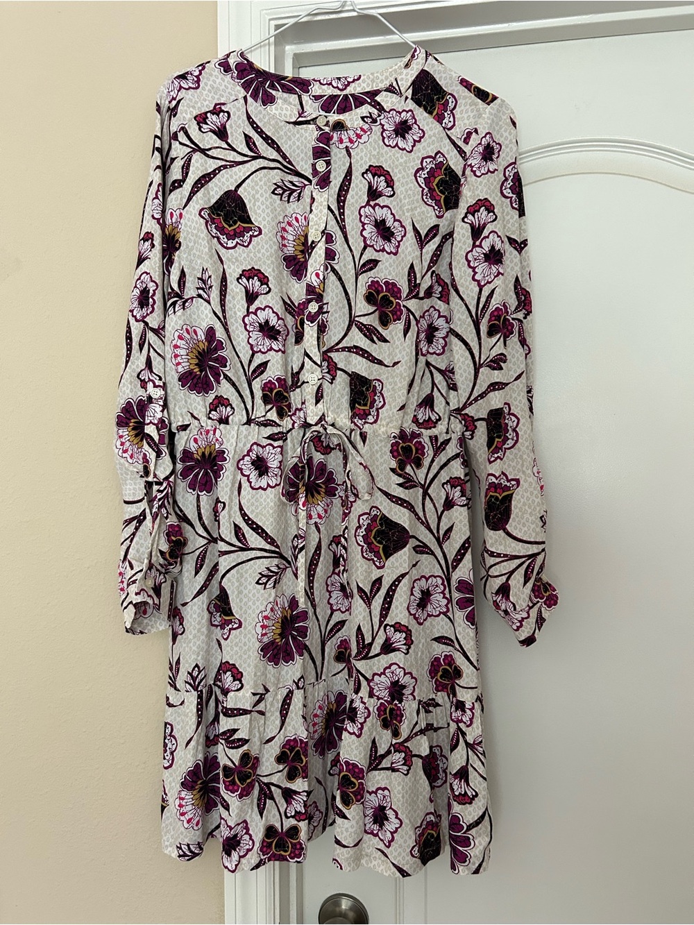 LOFT Botanical Tab Sleeve Button Flounce Dress Tie Waist